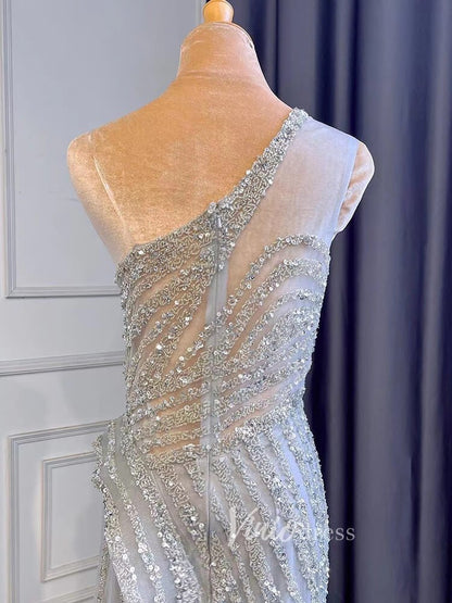 Silver Beaded Prom Dressses One Shoulder Sheath Evening Dress 20008-Evening Dresses 2025 -Viniodress-As Picture-US 2-
