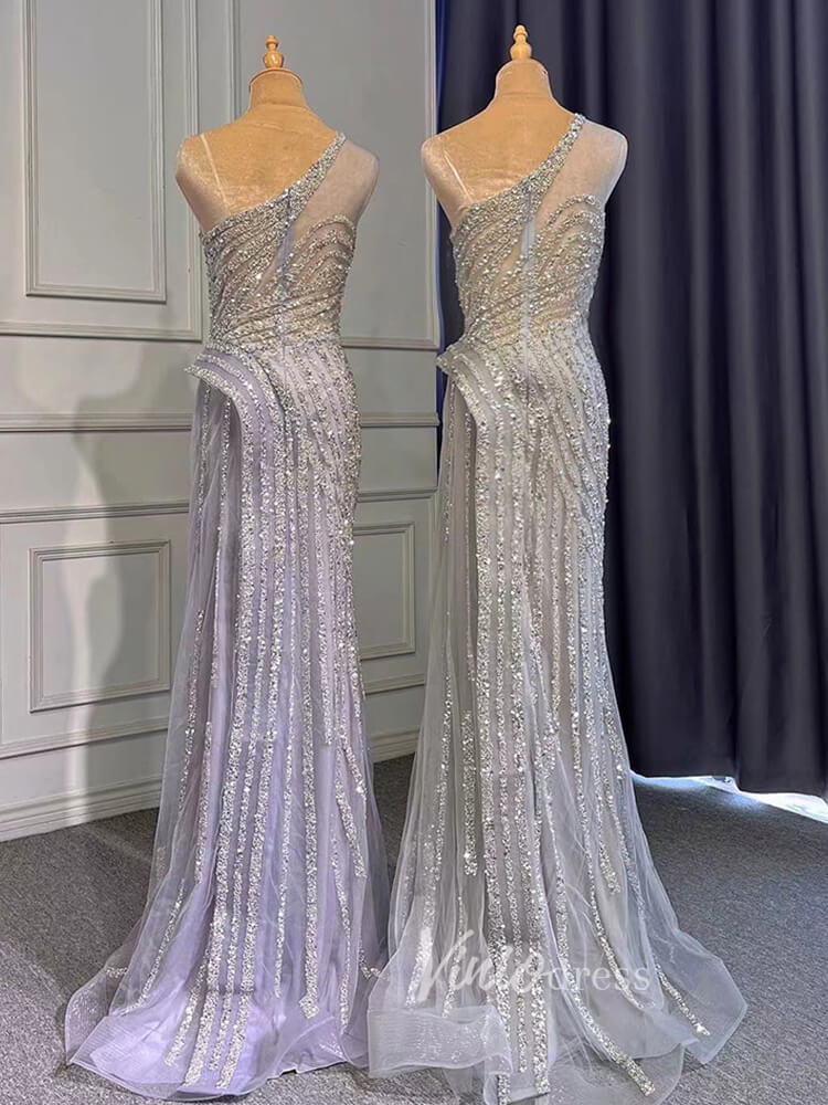 Silver Beaded Prom Dressses One Shoulder Sheath Evening Dress 20008-Evening Dresses 2025 -Viniodress-As Picture-US 2-