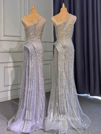 Silver Beaded Prom Dressses One Shoulder Sheath Evening Dress 20008-Evening Dresses 2025 -Viniodress-As Picture-US 2-
