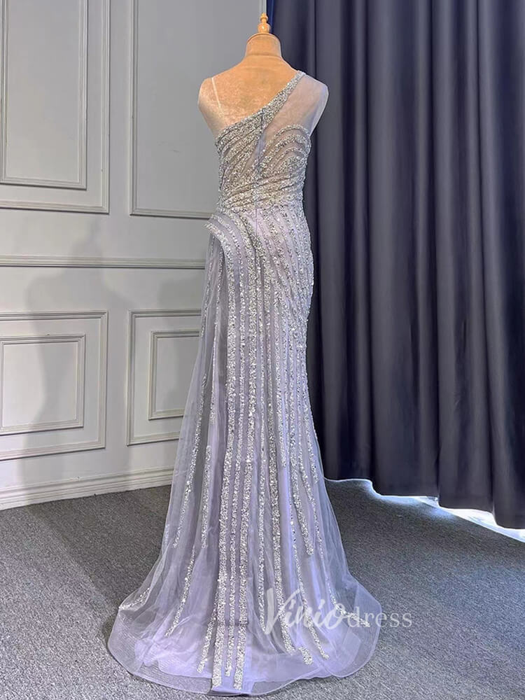 Silver Beaded Prom Dressses One Shoulder Sheath Evening Dress 20008-Evening Dresses 2025 -Viniodress-As Picture-US 2-
