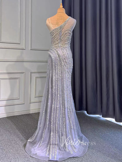 Silver Beaded Prom Dressses One Shoulder Sheath Evening Dress 20008-Evening Dresses 2025 -Viniodress-As Picture-US 2-