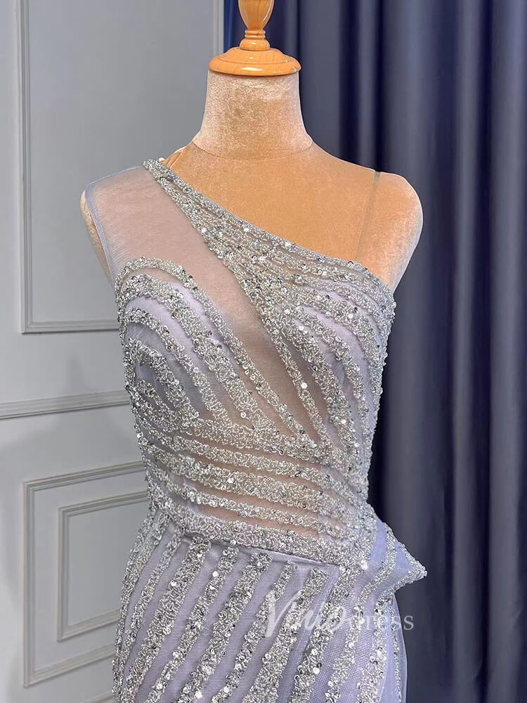 Silver Beaded Prom Dressses One Shoulder Sheath Evening Dress 20008-Evening Dresses 2025 -Viniodress-As Picture-US 2-