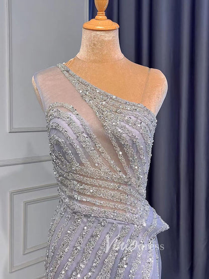 Silver Beaded Prom Dressses One Shoulder Sheath Evening Dress 20008-Evening Dresses 2025 -Viniodress-As Picture-US 2-