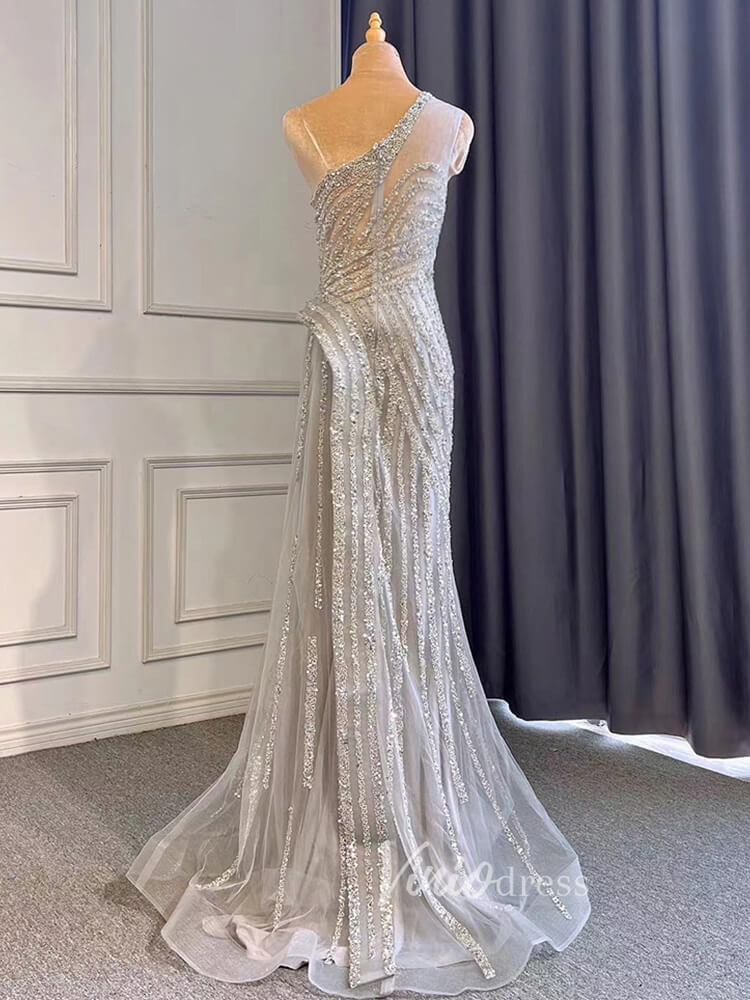 Silver Beaded Prom Dressses One Shoulder Sheath Evening Dress 20008-Evening Dresses 2025 -Viniodress-As Picture-US 2-
