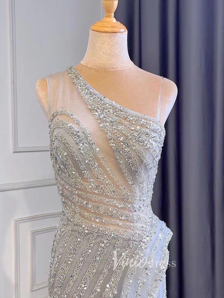Silver Beaded Prom Dressses One Shoulder Sheath Evening Dress 20008-Evening Dresses 2025 -Viniodress-As Picture-US 2-