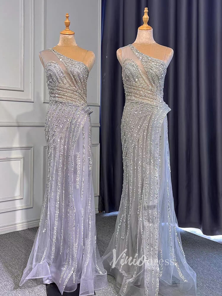 Silver Beaded Prom Dressses One Shoulder Sheath Evening Dress 20008-Evening Dresses 2025 -Viniodress-As Picture-US 2-