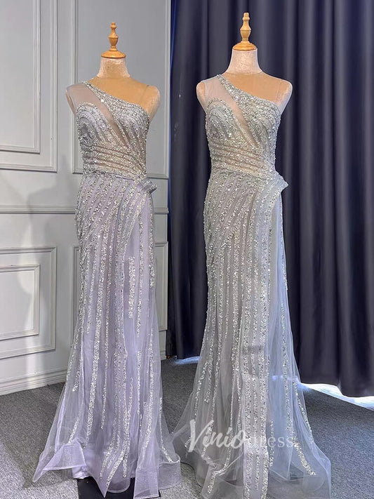 Silver Beaded Prom Dressses One Shoulder Sheath Evening Dress 20008-Evening Dresses 2025 -Viniodress-As Picture-US 2-