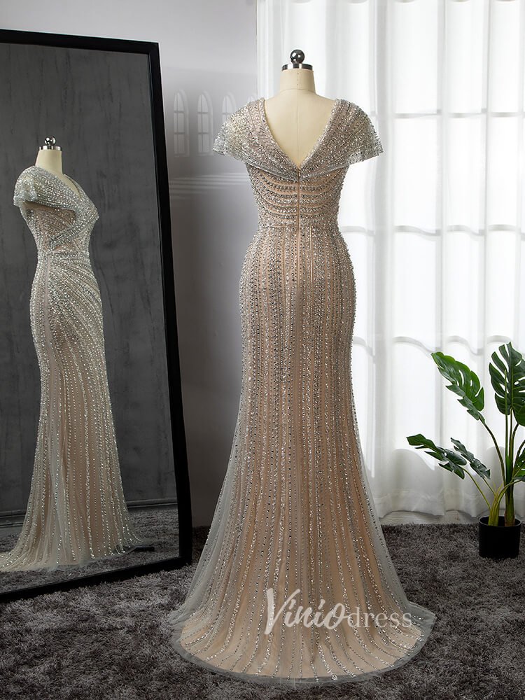 Silver Beaded Prom Dressses V-neck Cap Sleeve Sheath Evening Dress 20001-Evening Dresses 2025 -Viniodress-Champagne-US 2-