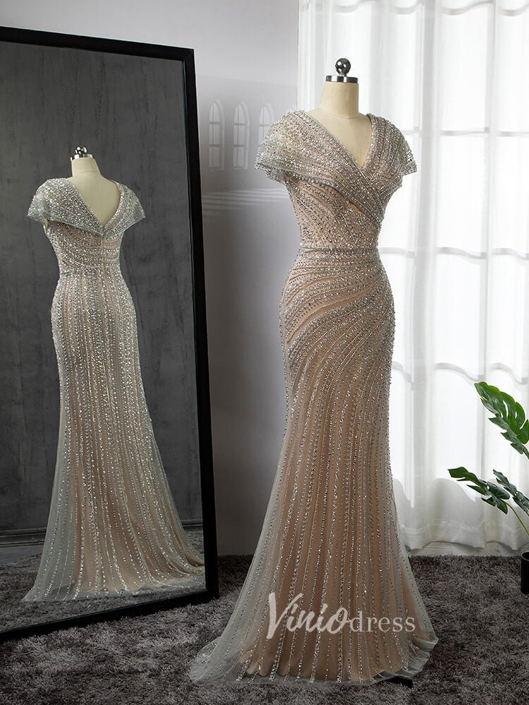 Silver Beaded Prom Dressses V-neck Cap Sleeve Sheath Evening Dress 20001-Evening Dresses 2025 -Viniodress-Champagne-US 2-