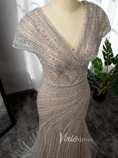 Silver Beaded Prom Dressses V-neck Cap Sleeve Sheath Evening Dress 20001-Evening Dresses 2025 -Viniodress-Champagne-US 2-