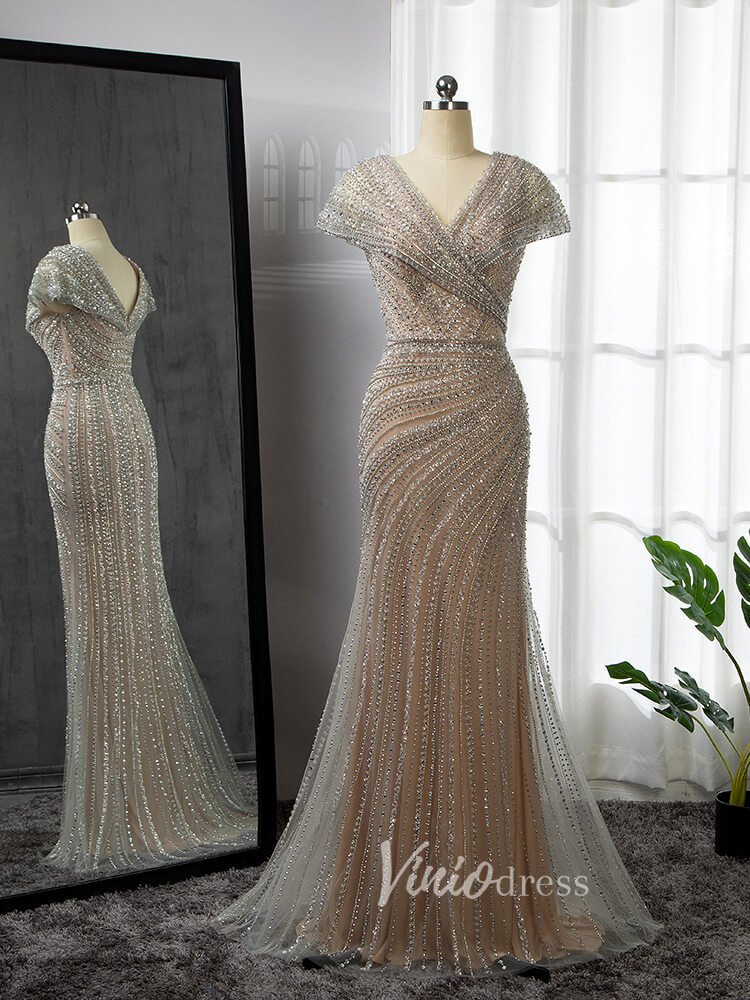 Silver Beaded Prom Dressses V-neck Cap Sleeve Sheath Evening Dress 20001-Evening Dresses 2025 -Viniodress-Champagne-US 2-