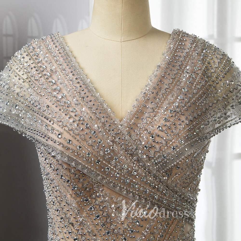 Silver Beaded Prom Dressses V-neck Cap Sleeve Sheath Evening Dress 20001-Evening Dresses 2025 -Viniodress-Champagne-US 2-