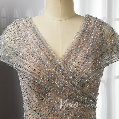 Silver Beaded Prom Dressses V-neck Cap Sleeve Sheath Evening Dress 20001-Evening Dresses 2025 -Viniodress-Champagne-US 2-