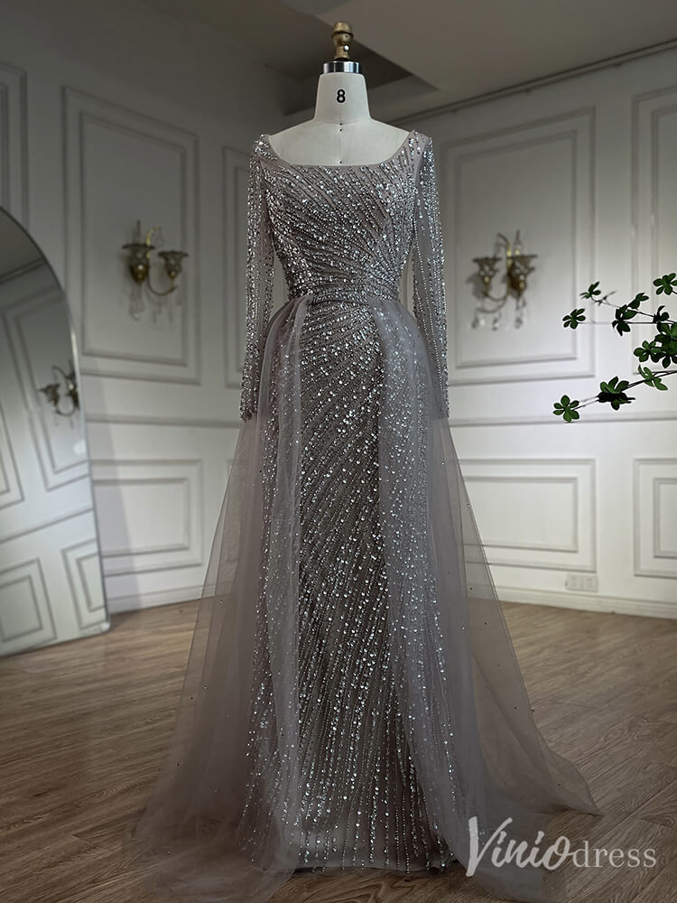 Silver Beaded Removable Overskirt Prom Dresses Mermaid Long Sleeve Pageant Dress 20229-Evening Dresses 2025 -Viniodress-Grey-US 2-