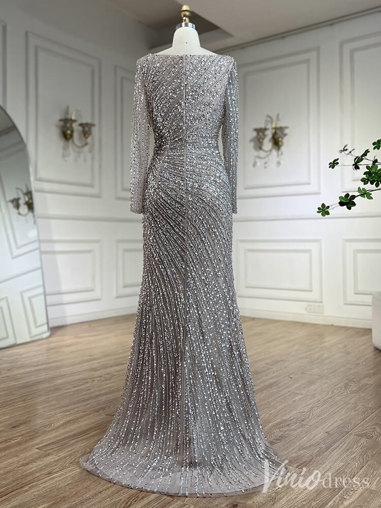 Silver Beaded Removable Overskirt Prom Dresses Mermaid Long Sleeve Pageant Dress 20229-Evening Dresses 2025 -Viniodress-Grey-US 2-