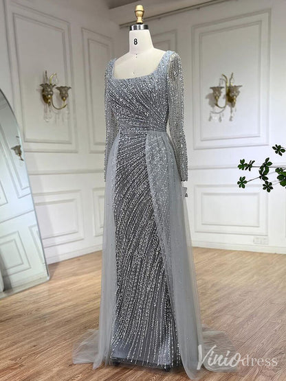 Silver Beaded Removable Overskirt Prom Dresses Mermaid Long Sleeve Pageant Dress 20229-Evening Dresses 2025 -Viniodress-Grey-US 2-