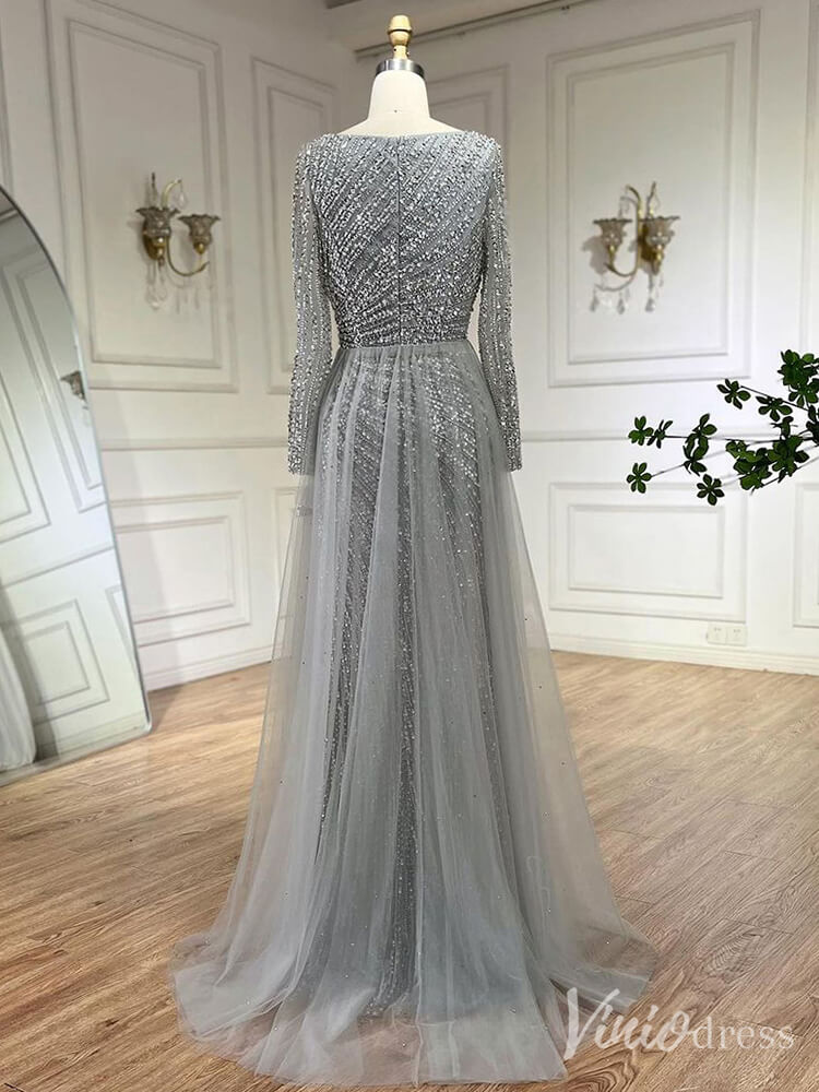 Silver Beaded Removable Overskirt Prom Dresses Mermaid Long Sleeve Pageant Dress 20229-Evening Dresses 2025 -Viniodress-Grey-US 2-