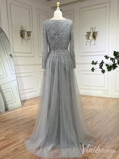 Silver Beaded Removable Overskirt Prom Dresses Mermaid Long Sleeve Pageant Dress 20229-Evening Dresses 2025 -Viniodress-Grey-US 2-