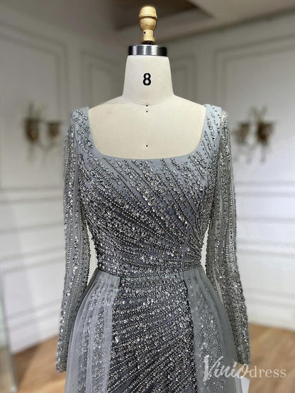 Silver Beaded Removable Overskirt Prom Dresses Mermaid Long Sleeve Pageant Dress 20229-Evening Dresses 2025 -Viniodress-Grey-US 2-
