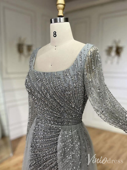 Silver Beaded Removable Overskirt Prom Dresses Mermaid Long Sleeve Pageant Dress 20229-Evening Dresses 2025 -Viniodress-Grey-US 2-