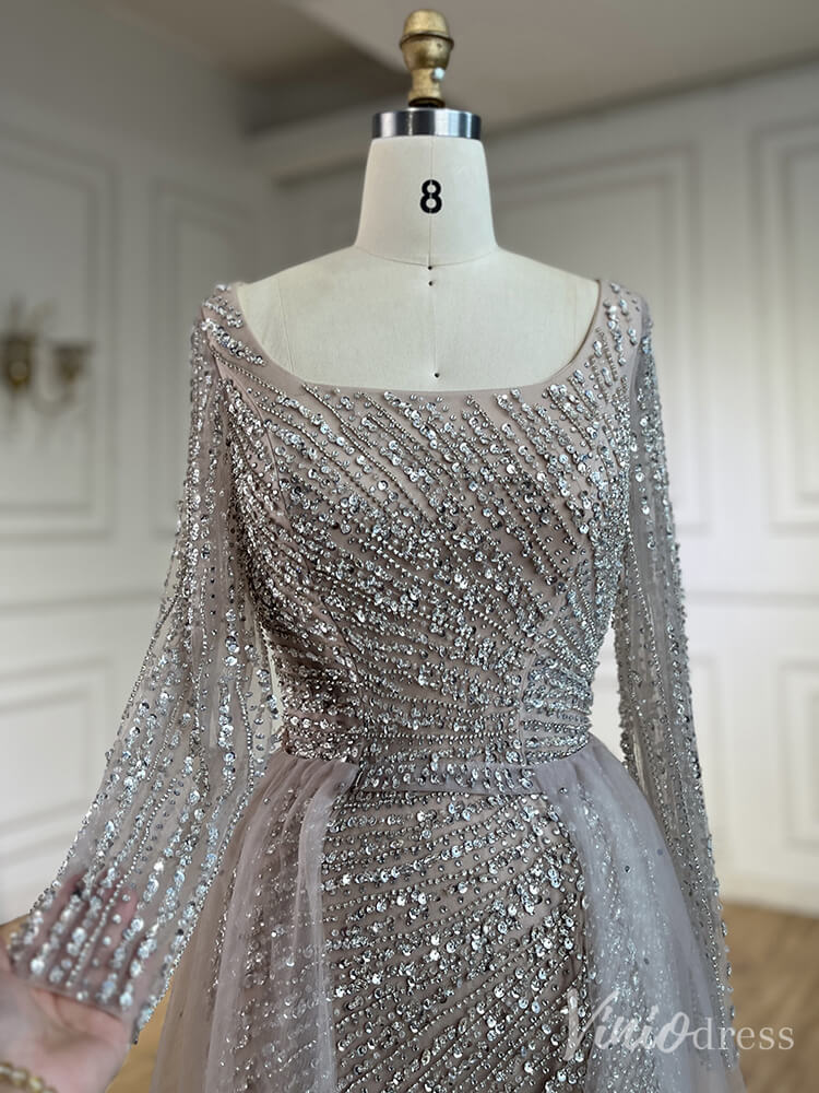 Silver Beaded Removable Overskirt Prom Dresses Mermaid Long Sleeve Pageant Dress 20229-Evening Dresses 2025 -Viniodress-Grey-US 2-