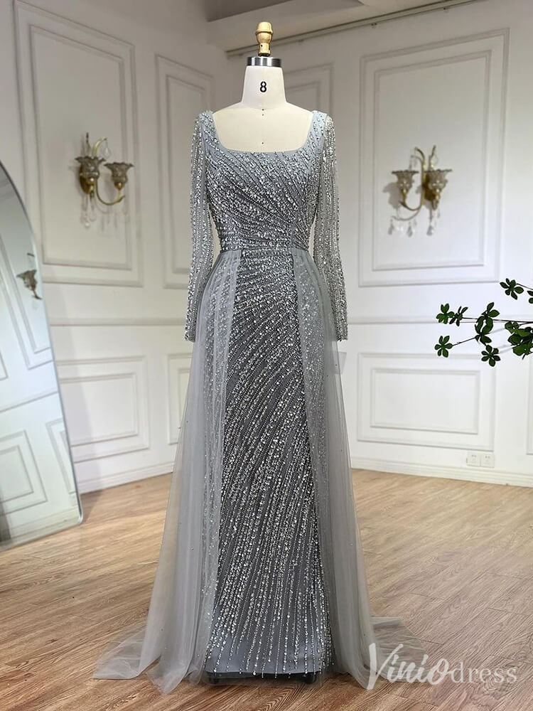 Silver Beaded Removable Overskirt Prom Dresses Mermaid Long Sleeve Pageant Dress 20229-Evening Dresses 2025 -Viniodress-Grey-US 2-