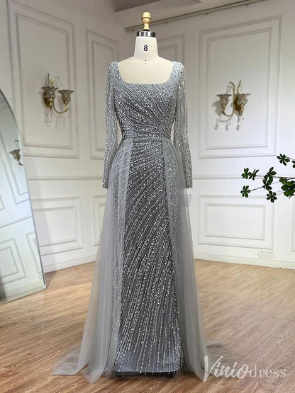 Silver Beaded Removable Overskirt Prom Dresses Mermaid Long Sleeve Pageant Dress 20229-Evening Dresses 2025 -Viniodress-Grey-US 2-