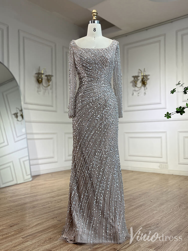 Silver Beaded Removable Overskirt Prom Dresses Mermaid Long Sleeve Pageant Dress 20229 - ViniodressEvening DressesGreyUS 2 - Formal Dresses - Ball Gowns