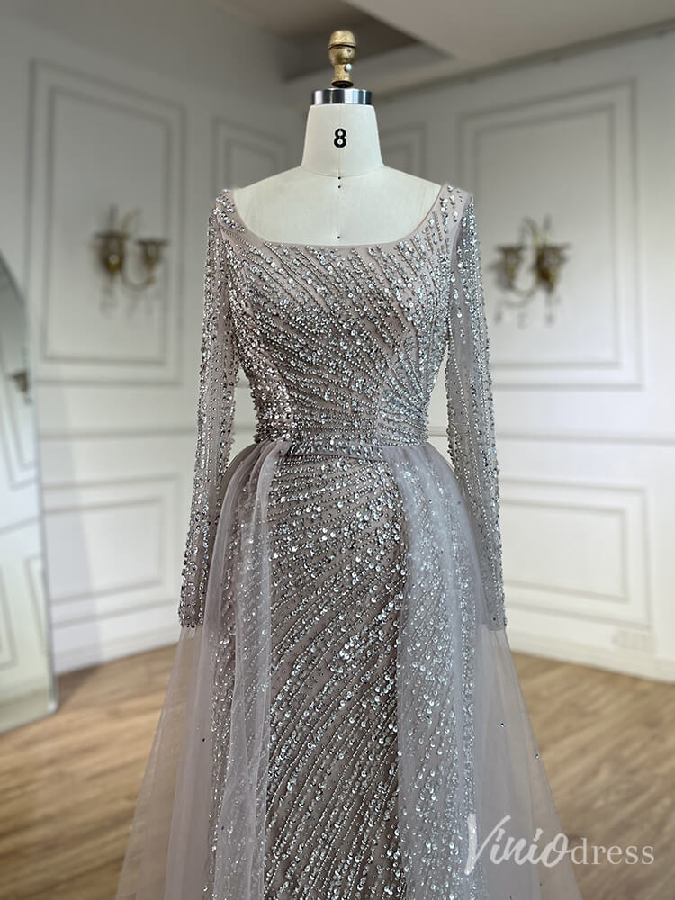 Silver Beaded Removable Overskirt Prom Dresses Mermaid Long Sleeve Pageant Dress 20229 - ViniodressEvening DressesGreyUS 2 - Formal Dresses - Ball Gowns