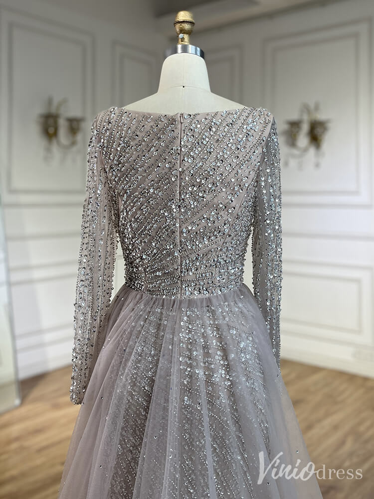 Silver Beaded Removable Overskirt Prom Dresses Mermaid Long Sleeve Pageant Dress 20229 - ViniodressEvening DressesGreyUS 2 - Formal Dresses - Ball Gowns