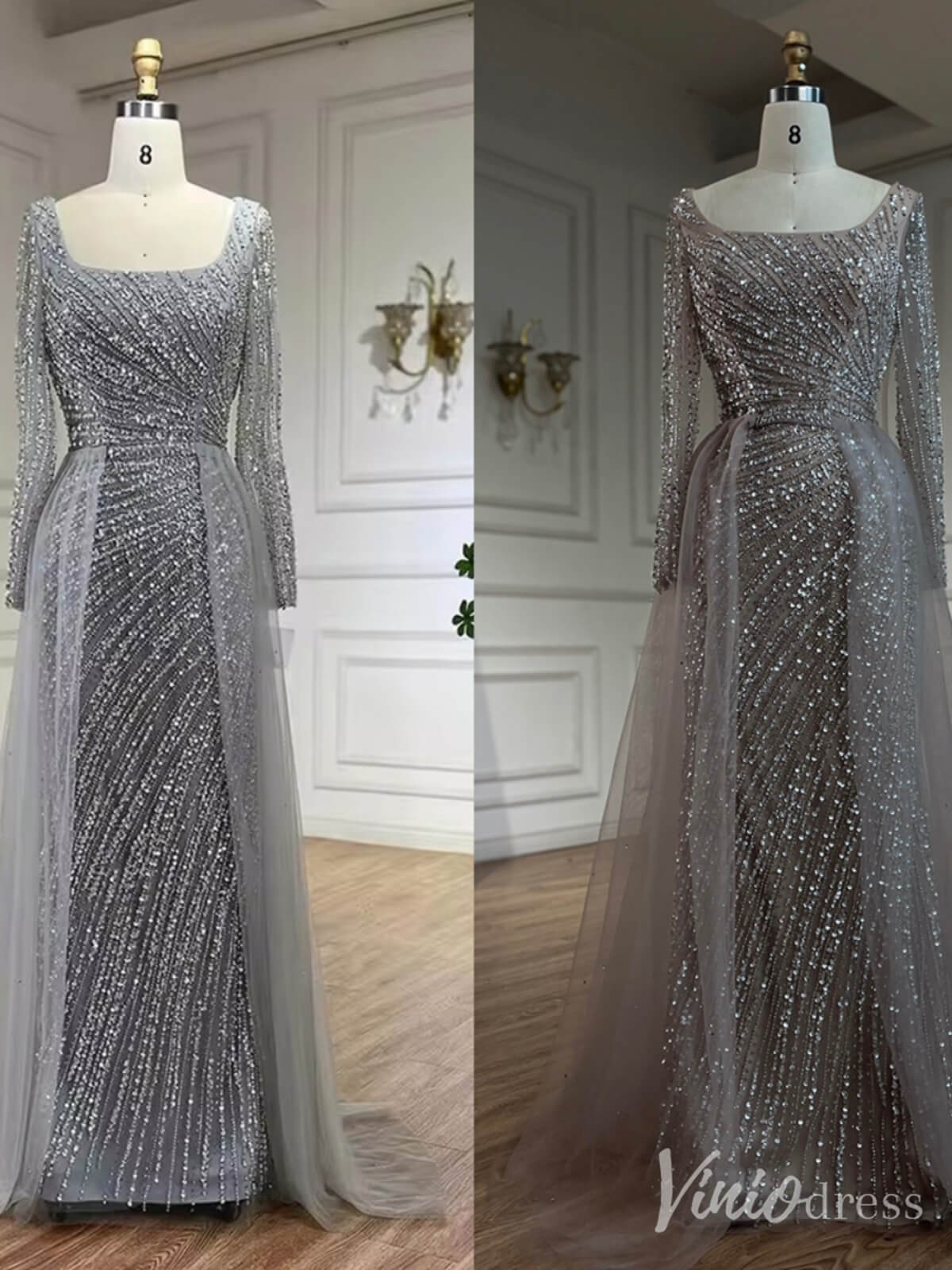 Silver Beaded Removable Overskirt Prom Dresses Mermaid Long Sleeve Pageant Dress 20229 - ViniodressEvening DressesGreyUS 2 - Formal Dresses - Ball Gowns