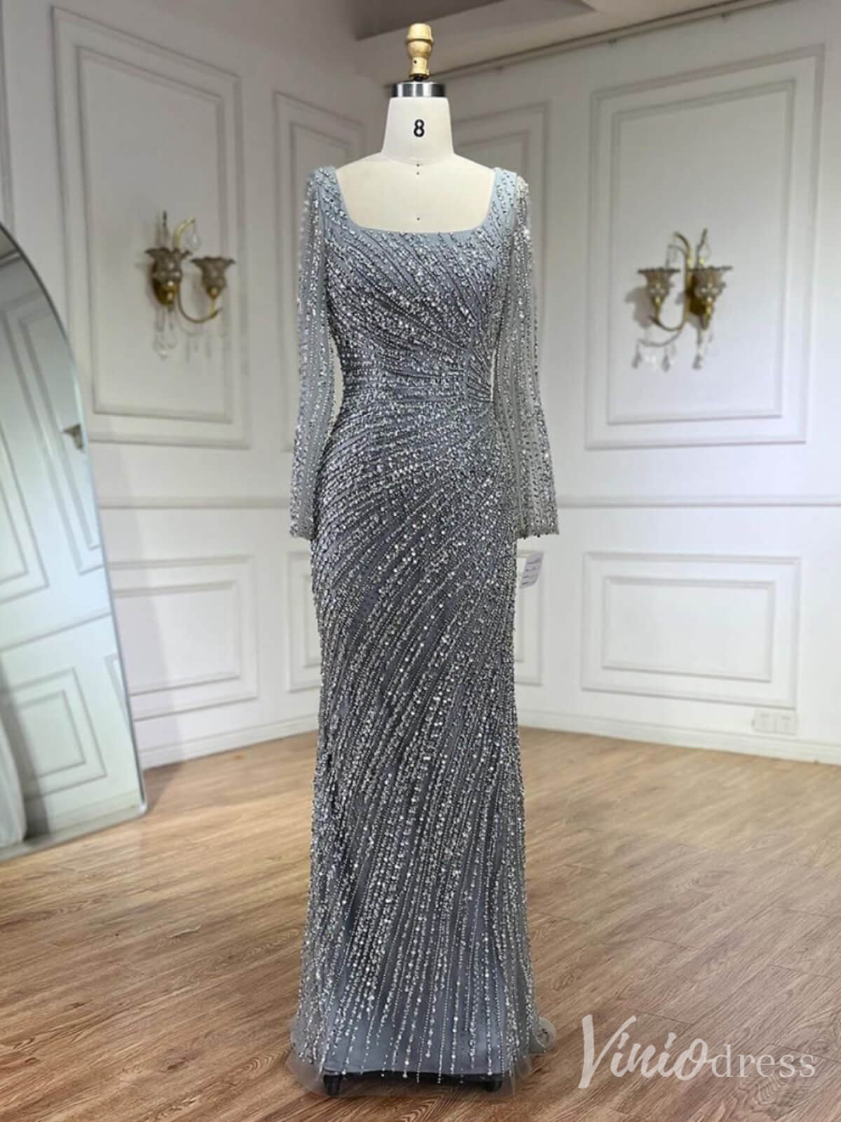 Silver Beaded Removable Overskirt Prom Dresses Mermaid Long Sleeve Pageant Dress 20229 - ViniodressEvening DressesGreyUS 2 - Formal Dresses - Ball Gowns