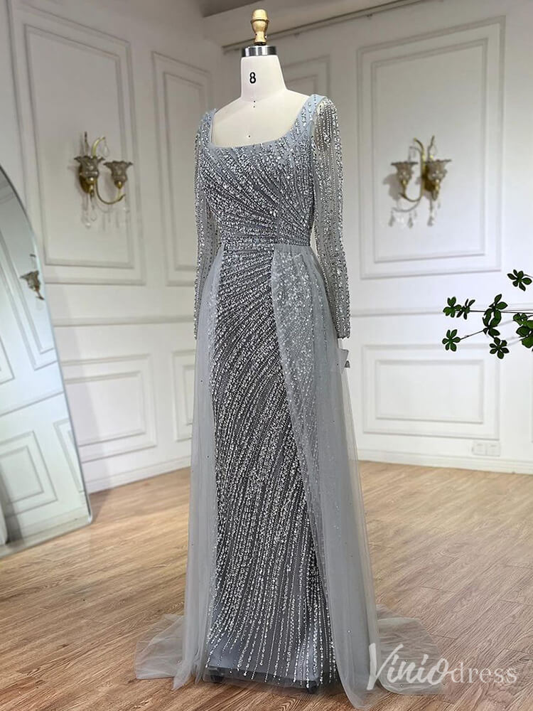 Silver Beaded Removable Overskirt Prom Dresses Mermaid Long Sleeve Pageant Dress 20229 - ViniodressEvening DressesGreyUS 2 - Formal Dresses - Ball Gowns