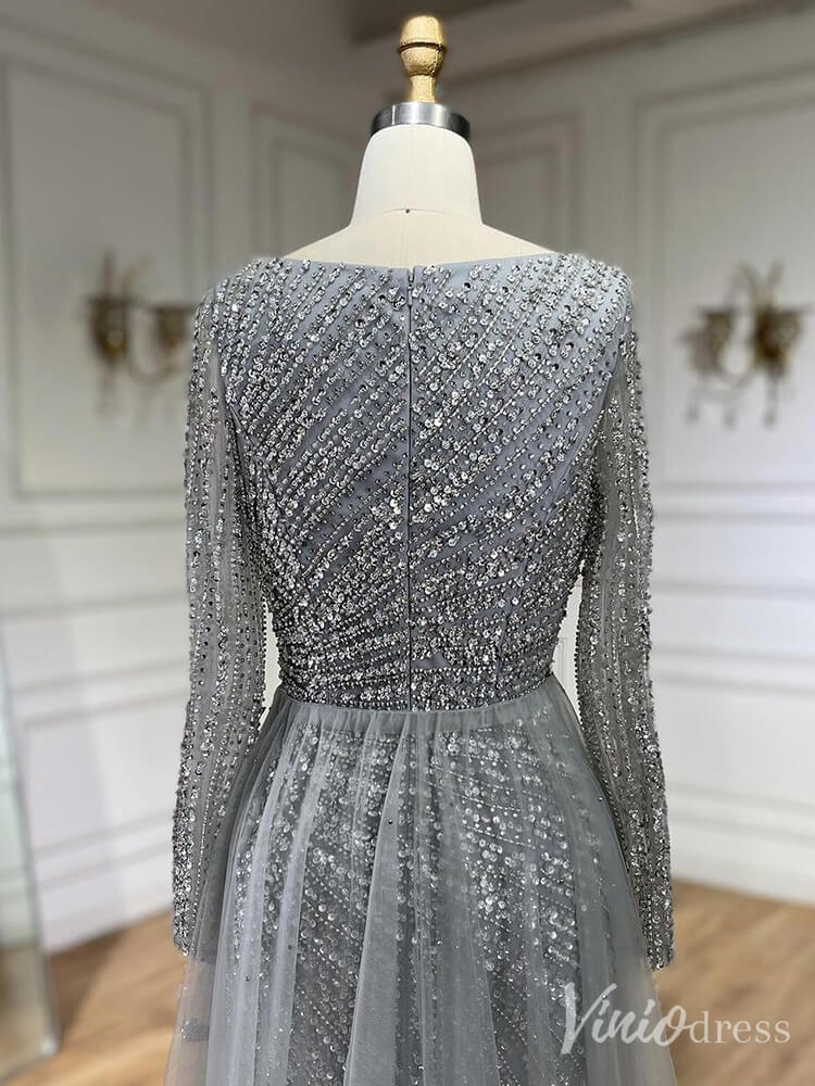 Silver Beaded Removable Overskirt Prom Dresses Mermaid Long Sleeve Pageant Dress 20229 - ViniodressEvening DressesGreyUS 2 - Formal Dresses - Ball Gowns