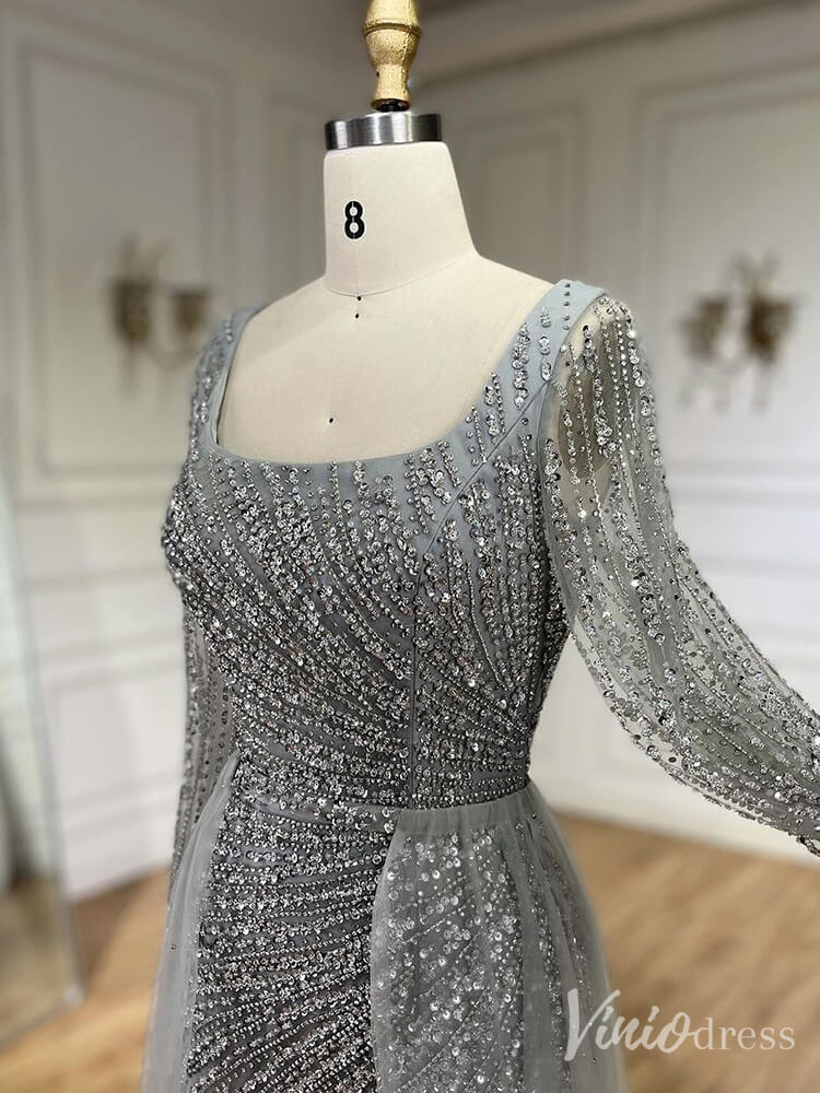 Silver Beaded Removable Overskirt Prom Dresses Mermaid Long Sleeve Pageant Dress 20229 - ViniodressEvening DressesGreyUS 2 - Formal Dresses - Ball Gowns