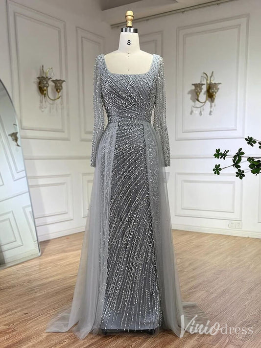 Silver Beaded Removable Overskirt Prom Dresses Mermaid Long Sleeve Pageant Dress 20229 - ViniodressEvening DressesGreyUS 2 - Formal Dresses - Ball Gowns