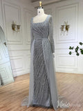 Silver Beaded Removable Overskirt Prom Dresses Mermaid Long Sleeve Pageant Dress 20229-prom dresses-Viniodress-Viniodress