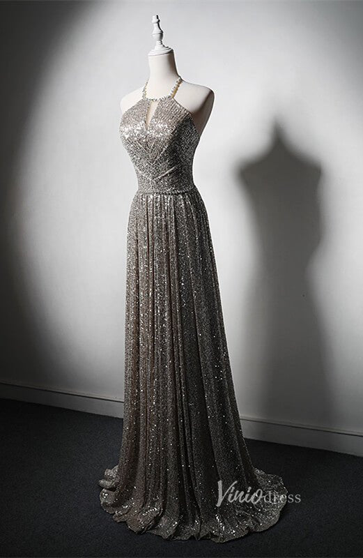 Silver Beaded Sequin Prom Dresses with Removable Feather Overskirt Halter Neck AD1208-prom dresses 2025 -Viniodress-Silver-Custom Size-