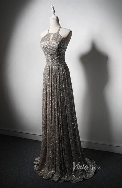 Silver Beaded Sequin Prom Dresses with Removable Feather Overskirt Halter Neck AD1208-prom dresses 2025 -Viniodress-Silver-Custom Size-