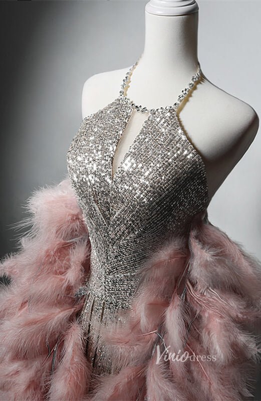 Silver Beaded Sequin Prom Dresses with Removable Feather Overskirt Halter Neck AD1208-prom dresses 2025 -Viniodress-Silver-Custom Size-