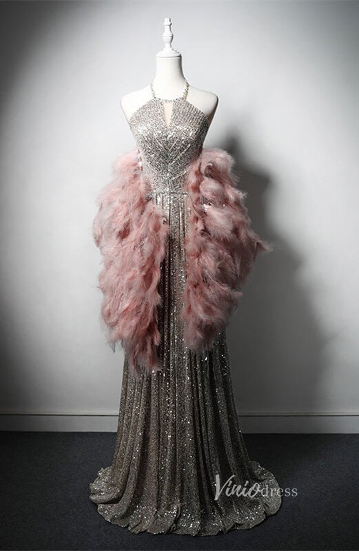 Silver Beaded Sequin Prom Dresses with Removable Feather Overskirt Halter Neck AD1208-prom dresses 2025 -Viniodress-Silver-Custom Size-