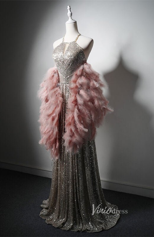 Silver Beaded Sequin Prom Dresses with Removable Feather Overskirt Halter Neck AD1208-prom dresses 2025 -Viniodress-Silver-Custom Size-