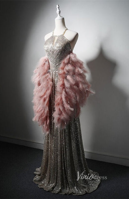 Silver Beaded Sequin Prom Dresses with Removable Feather Overskirt Halter Neck AD1208-prom dresses 2025 -Viniodress-Silver-Custom Size-