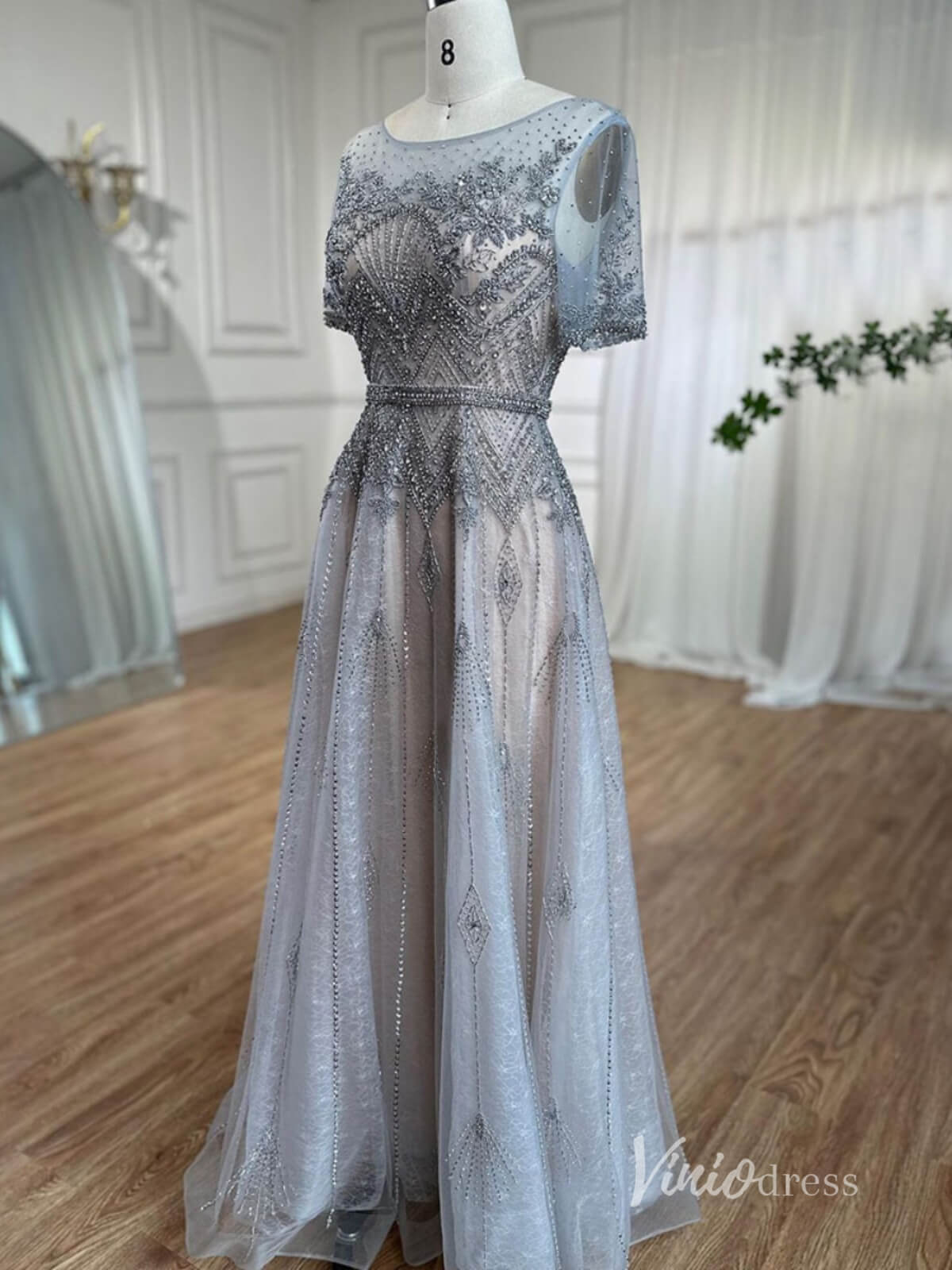 Silver Beaded Short Sleeve Evening Dresses A-Line Boat Neck Mother of the Bride Dress AD1132-Evening Dresses 2025 -Viniodress-Silver-US 2-