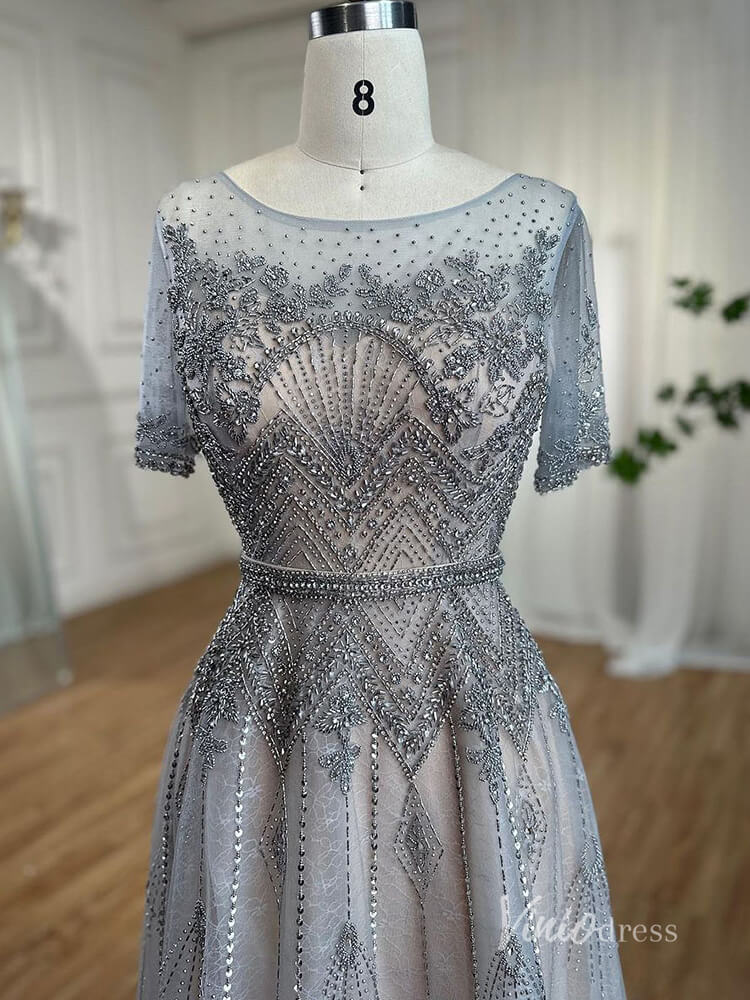Silver Beaded Short Sleeve Evening Dresses A-Line Boat Neck Mother of the Bride Dress AD1132-Evening Dresses 2025 -Viniodress-Silver-US 2-