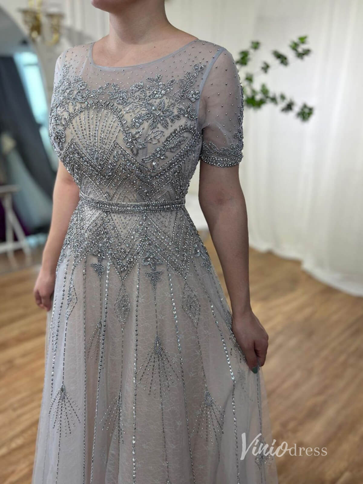 Silver Beaded Short Sleeve Evening Dresses A-Line Boat Neck Mother of the Bride Dress AD1132-Evening Dresses 2025 -Viniodress-Silver-US 2-