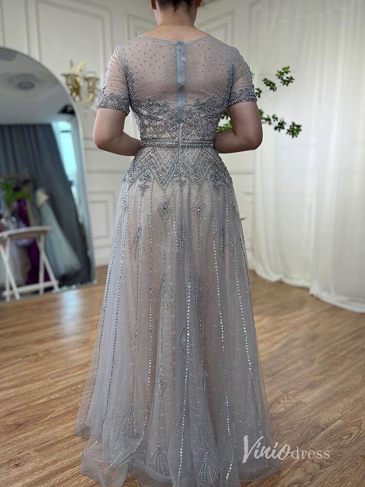 Silver Beaded Short Sleeve Evening Dresses A-Line Boat Neck Mother of the Bride Dress AD1132-Evening Dresses 2025 -Viniodress-Silver-US 2-