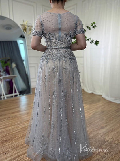 Silver Beaded Short Sleeve Evening Dresses A-Line Boat Neck Mother of the Bride Dress AD1132-Evening Dresses 2025 -Viniodress-Silver-US 2-