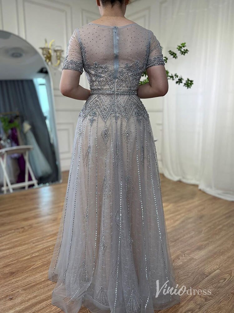 Silver Beaded Short Sleeve Evening Dresses A - Line Boat Neck Mother of the Bride Dress AD1132 - ViniodressEvening DressesSilverUS 2 - Formal Dresses - Ball Gowns