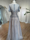 Silver Beaded Short Sleeve Evening Dresses A-Line Boat Neck Mother of the Bride Dress AD1132-prom dresses-Viniodress-Viniodress